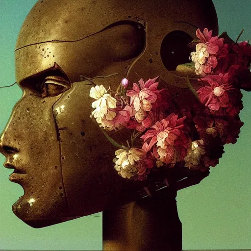 Image similar to a painting by Thomas Cole of a vaporwave robot head with flowers growing out, highly detailed 3d rendering from 1996