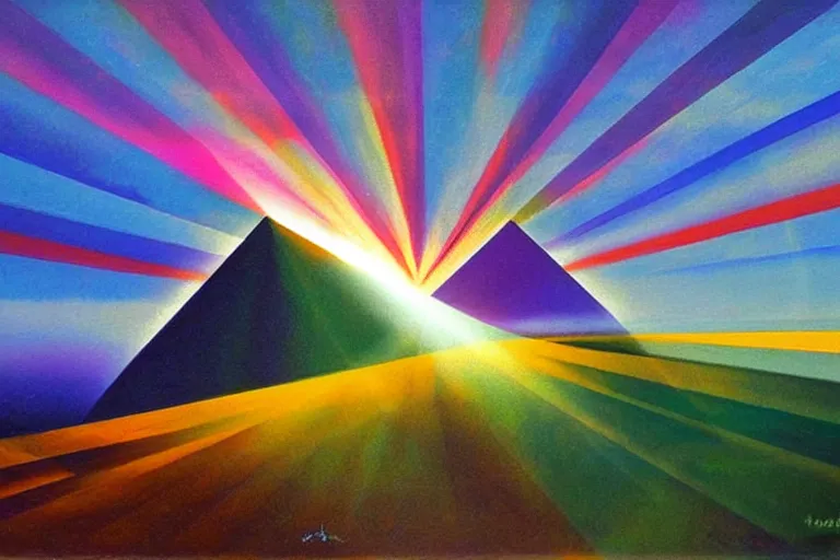 Image similar to a stunning wpa style painting of a prism in the sky reflectinglight, god rays, award winning art