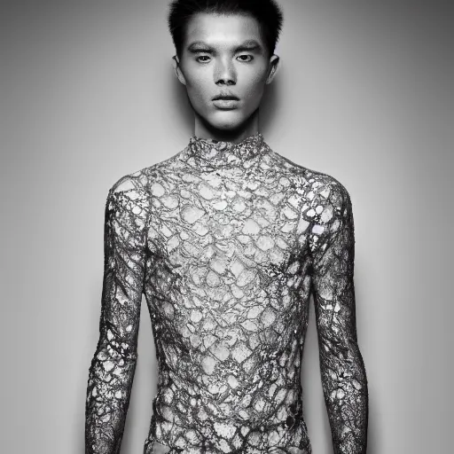 Image similar to a portrait of a beautiful young male wearing an alexander mcqueen bodysuit made of silver lace , photographed by andrew thomas huang, artistic