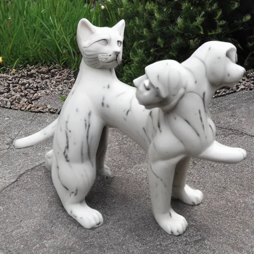 Image similar to a marble dog and cat rain statue rainbow