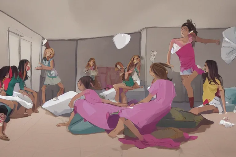 Prompt: pillow fight in the girls dormitory, concept art, cinematic