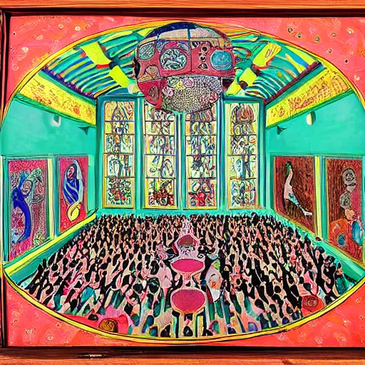 Image similar to A beautiful mixed media art of a large room with many people in it. There is a lot of activity going on, with people talking and moving around. The room is ornately decorated and there is a large window at one end. parchinkari inlay by Grayson Perry, by Edvard Munch loose