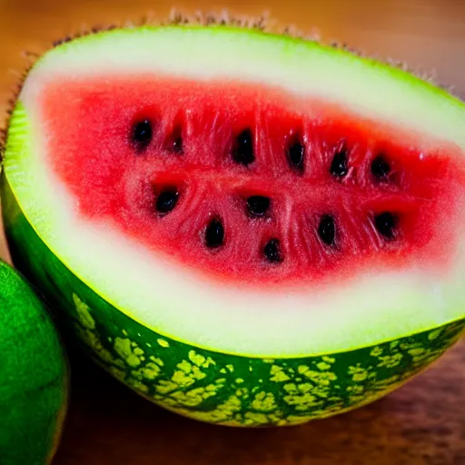 Prompt: a kiwi fruit merged with a watermelon! Ultra realistic! 25mm f/1.7 ASPH Lens!