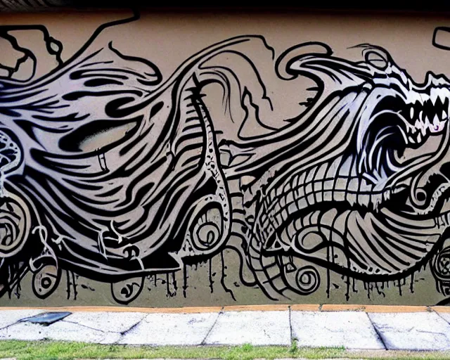 Image similar to a wall that has some lovecraftian graffiti on it inspired by wretched dragon rib cage.