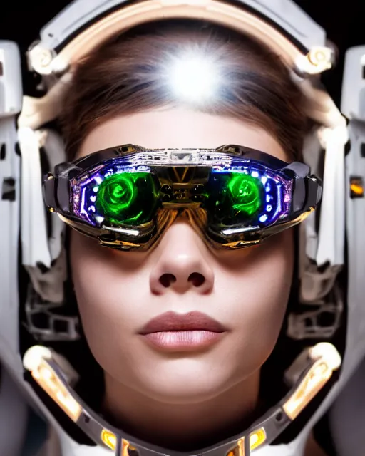 Prompt: centered portrait of soulful young brooke burke as a solarpunk mecha humanoid robotic parts wearing crystal goggles with bright led lights, real human face, pudica gesture bouguereau style, in white room, ultra - realistic and intricate, soft portrait shot 8 k