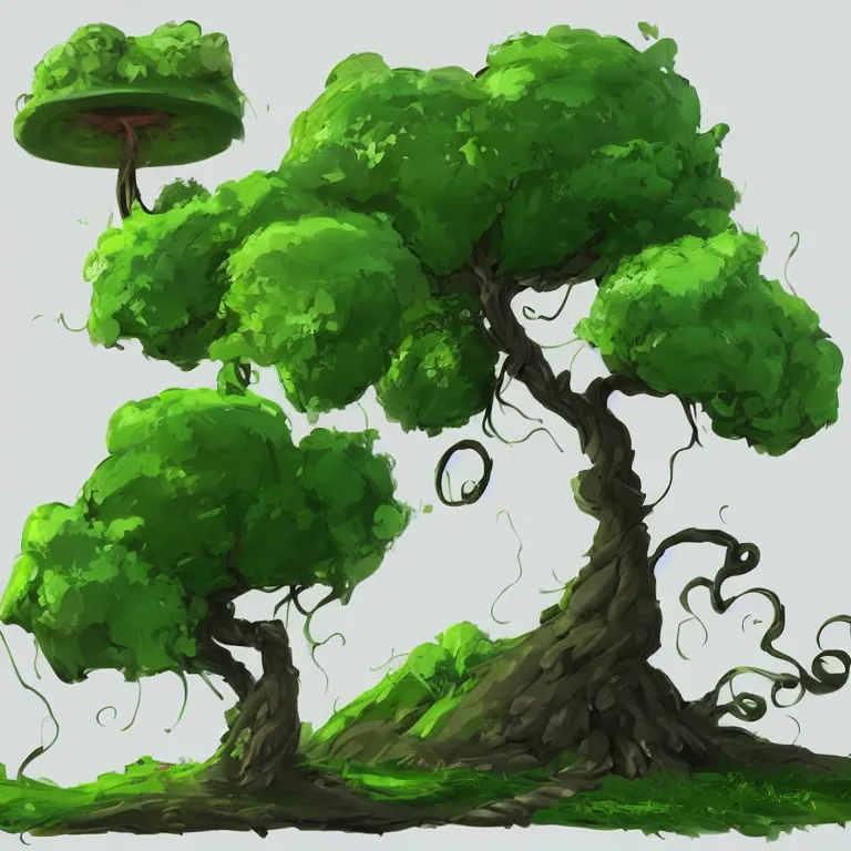 Image similar to cartoon tree with a twisted trunk and green leaves, white background, concept, concept art by senior environment artist, artstation, 2 d game art, concept art, speedpainting