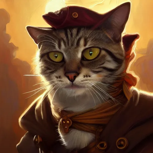 Image similar to Portrait of a Cat as a Pirate, photorealistic, highly detailed, digital painting, artstation, concept art, smooth, sharp focus, illustration, art by artgerm and greg rutkowski and alphonse mucha