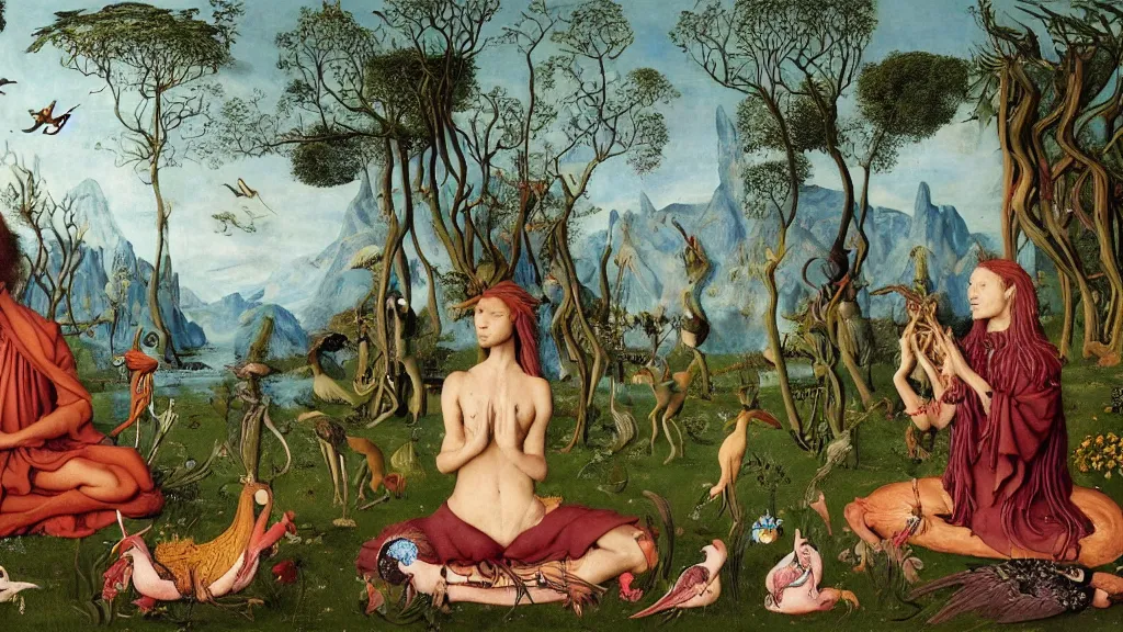 Image similar to a photograph of a meditating centaur shaman and a harpy mermaid feeding animals. surrounded by bulbous flowers, a few trees and wild animals. river delta with mountains under a blue sky full of burning stars and birds. painted by jan van eyck, max ernst, ernst haeckel, ernst fuchs and artgerm. trending on artstation