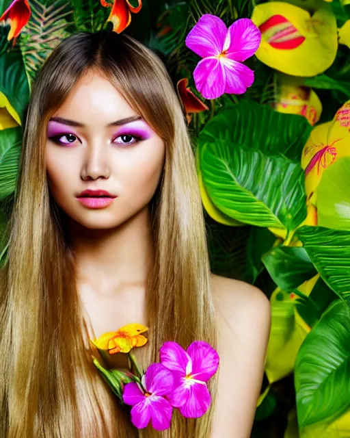 Image similar to an stunning beautiful eastern girl is surrounded by colourful tropical flowers and plants, symmetric face and eyes, upper body face shot, long straight blonde hair, visible face 5 0 mm f 2. 2 by wu daozi