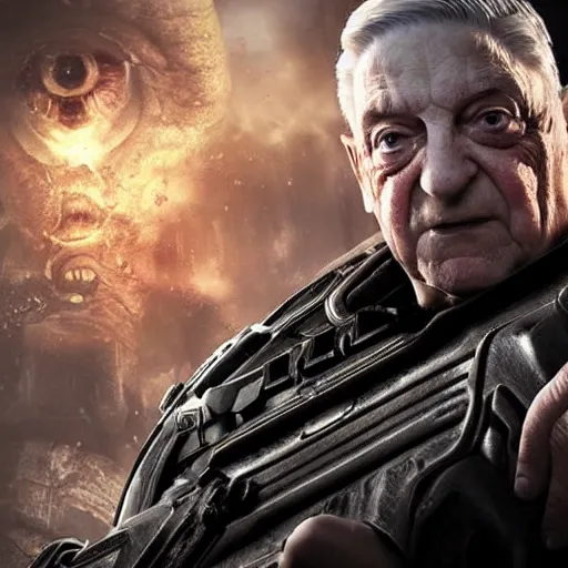 Image similar to george soros in gears of war, splash art, movie still, cinematic lighting, detailed face, dramatic, octane render, long lens, shallow depth of field, bokeh, anamorphic lens flare, 8 k, hyper detailed, 3 5 mm film grain