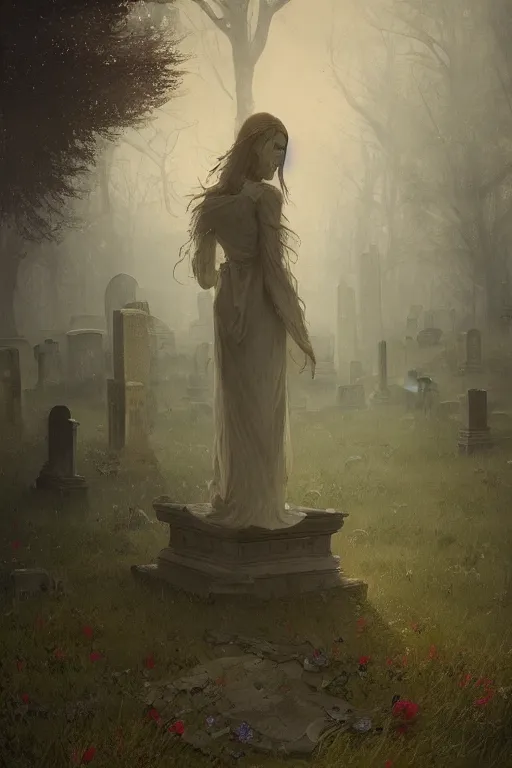 Image similar to The last spirit living in the cemetery, flowers, illustrated by Greg Rutkowski and Caspar David Friedrich., Trending on artstation, artstationHD, artstationHQ, 4k, 8k