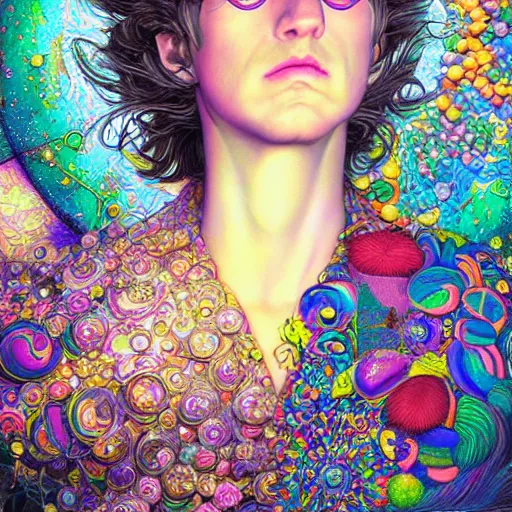 Prompt: dream a portrait of willy wonka, hyper detailed masterpiece, neon geometric floral pattern, jean giraud and amanda sage, digital art painting, darkwave goth aesthetic, psychedelic, artgerm, donato giancola, studio ghibli and tom bagshaw