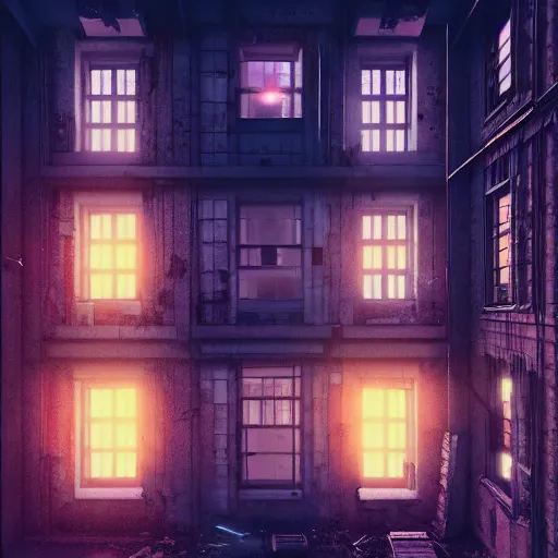 Image similar to One dilapidated building with only one window glowing. ArtStation, Cyberpunk, Vertical Symmetry, 8K, Highly Detailed, Intricate, Album Art.