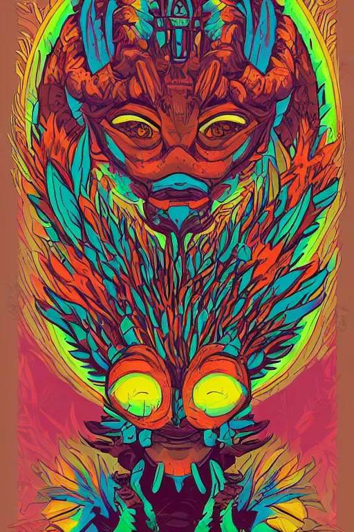 Image similar to animal mask totem roots flower tribal feather gemstone plant wood rock shaman vodoo video game vector cutout illustration vivid multicolor borderlands comics by josan gonzales and dan mumford radiating a glowing aura