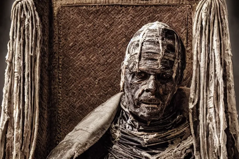 Image similar to mummified pope in his throne at the vatican, desiccated, close - up portrait, tall pontiff hat, mitre, dark, moody, black skin, ornate, hyper realistic, sharp focus, highly detailed, cinematic, dramatic lighting