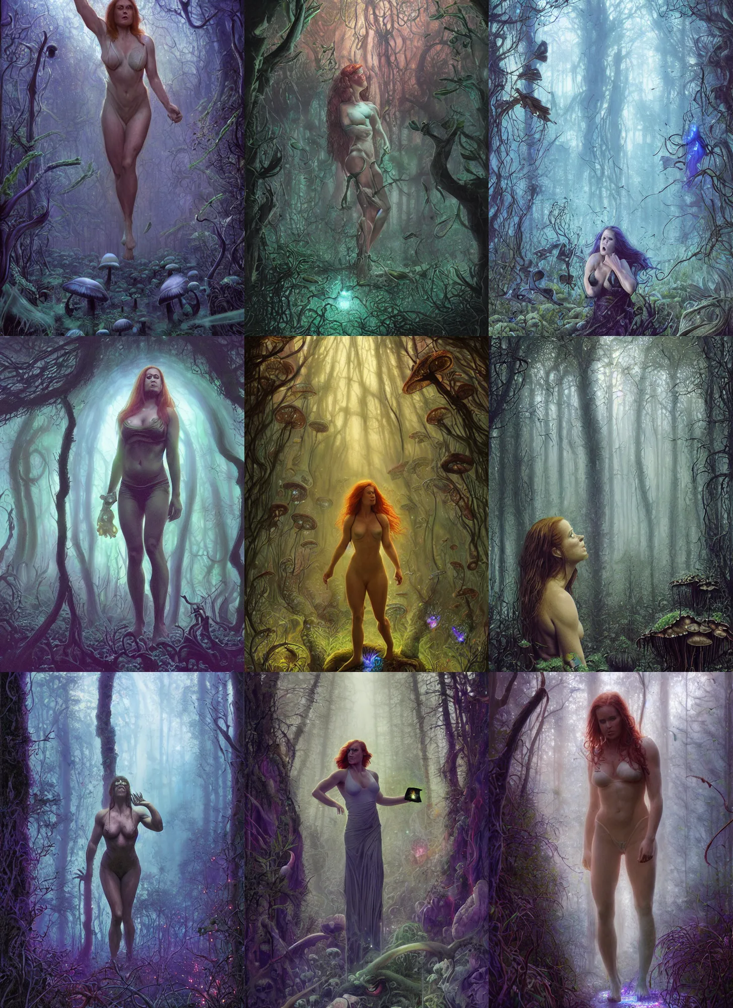 Prompt: muscled Amy Adams lost in a foggy bioluminescent mushroom forest, rainbow fireflies, creepy creatures hiding in long shadows, Donato Giancola, Mark Brooks, Ralph Horsley, Charlie Bowater, Artgerm, Christopher Balaskas, Bastien Lecouffe-Deharme