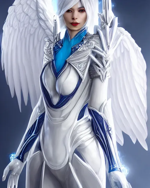 Image similar to perfect ornate white haired attractive egyptian goddess with huge white dove wings, warframe armor, beautiful, symmetric, dreamy, half asian, pretty face, blue eyes, detailed, scifi platform, laboratory, experiment, 4 k, ultra realistic, epic lighting, android body, illuminated, cinematic, masterpiece, art by akihito tsukushi, voidstar