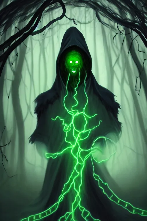 Image similar to A full body portrait of a ghost like shaman with no face, glowing eyes and a very long hooded dark green cloak of leaves and vines, forest spirits flying in the background art by Shaddy Safadi and Jason Chan, ominous, cosmic horror, trending on artstation, Ultra detailed, hyper realistic 4k