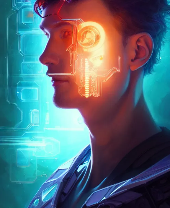 Image similar to a whirlwind inside the metaverse, guy, male, man, hologram, half body, neurochip, android, cyborg, cyberpunk face, by loish, d & d, fantasy, intricate, elegant, highly detailed, colorful, digital painting, artstation, concept art, art by artgerm and greg rutkowski and alphonse mucha