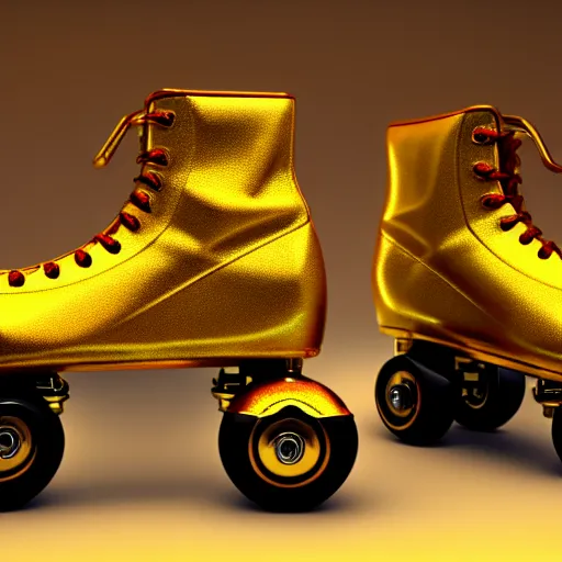 Image similar to a pair of golden roller skates, digital illustration, detailed, 8 k, artstation, detailed and intricate, 8 k resolution, hyperrealistic, octane render, cinematic 9