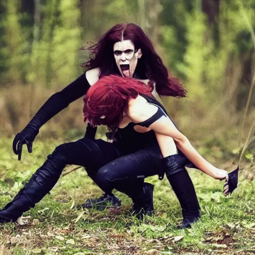 Prompt: photo of female vampire fighting werewolf