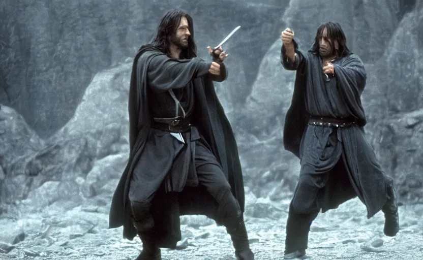 Image similar to epic fight between Neo and Aragorn, movie screenshot, very high quality, Bdrip, 8k