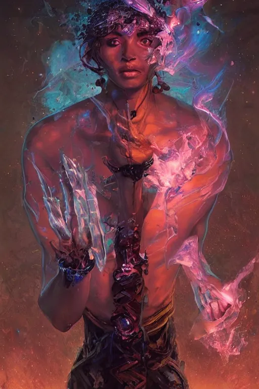 Image similar to the look of a young person, necromancer, witch - doctor covered with ice exploding into fire, full of wrinkles and imperfections, electricity highly detailed, high contrast, light reflection, trippy, nebula, trending on artstation by artgem, by peter mohrbacher, by wlop, by ruan jia