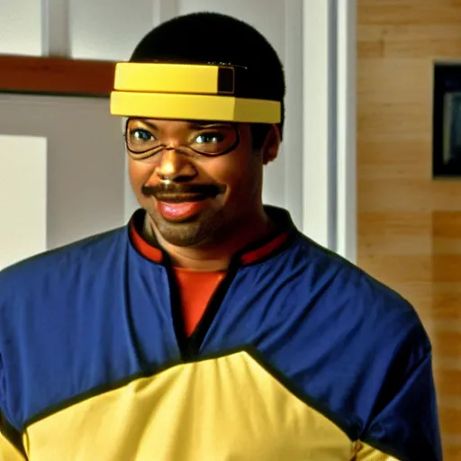 Image similar to Geordi LaForge wearing visor and a colander and random kitchen tools on his head