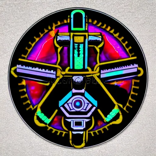 Image similar to sticker of a rock band, name is tripmachine, on the sticker is a 3 d render of a huge futuristic steampunk engine generator, 8 k, fluorescent colors, halluzinogenic, multicolored, exaggerated detailed, silk screen art