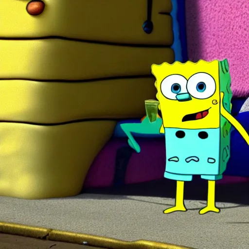 Image similar to close up of bikini bottom and spongebob, cinematographic shot,