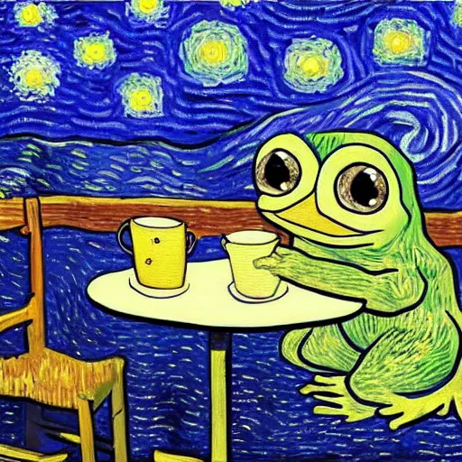 Image similar to starry night with pepe the frog sitting at a cafe table by vincen van gogh