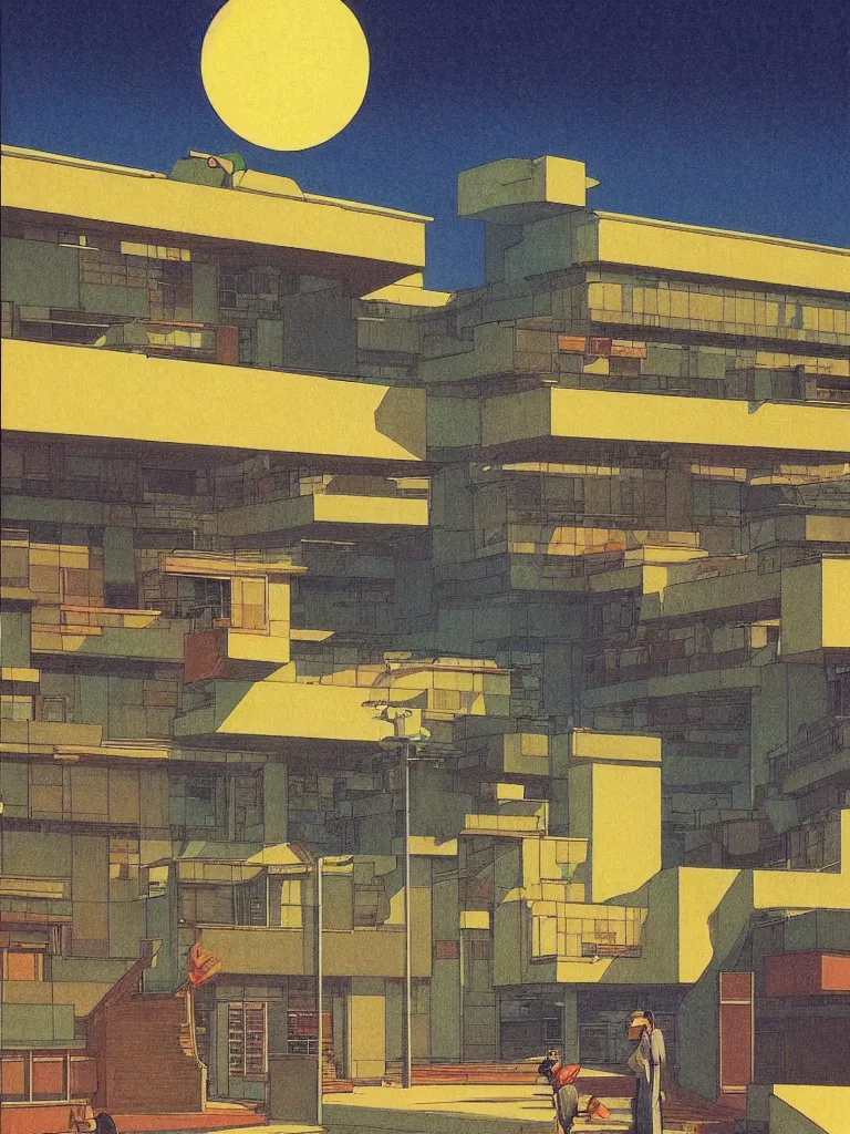 Image similar to a psychedelic hallucination of a brutalist hotel in the atmosphere clouds of venus, by kawase hasui, moebius, edward hopper, colorful flat surreal design, dramatic lighting, hd, 8 k, artstation