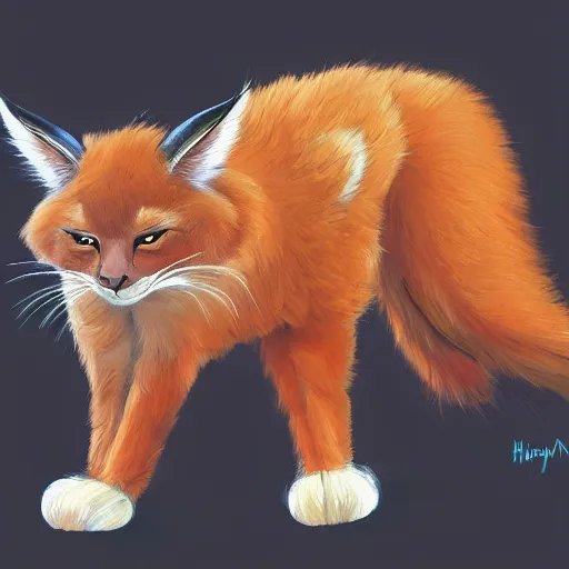 Image similar to cute fluffy caracal in pants, facing the camera, anime art style, portrait, high detail, sharp focus, digital painting, artstation, art by hayao miyazaki.