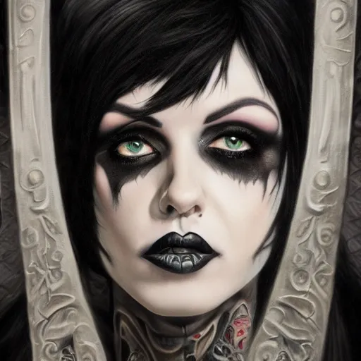 Image similar to portrait of Joan Jett as the Goddess of all Goths, detailed, 8k, cinematic, beautiful art portrait, dark fantasy atmosphere, hyper realism, photorealistic