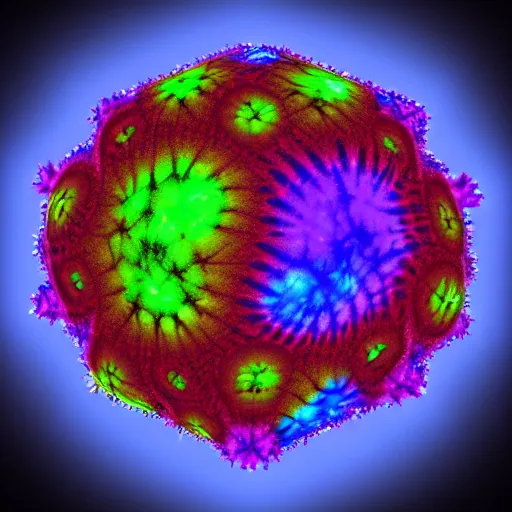 Image similar to a hyperrealistic 3D render of a dodecahedron made entirely of tie dyed Mandelbrot fractals, 8k, 4K, glowing, neon, dramatic lighting, volumetric lighting, octane render,