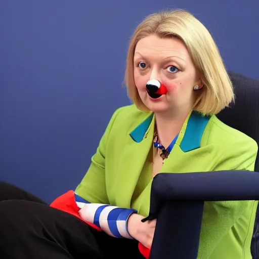 Image similar to conservative mp liz truss sitting in a chair and looking sad and wearing a clown costume, editorial photograph