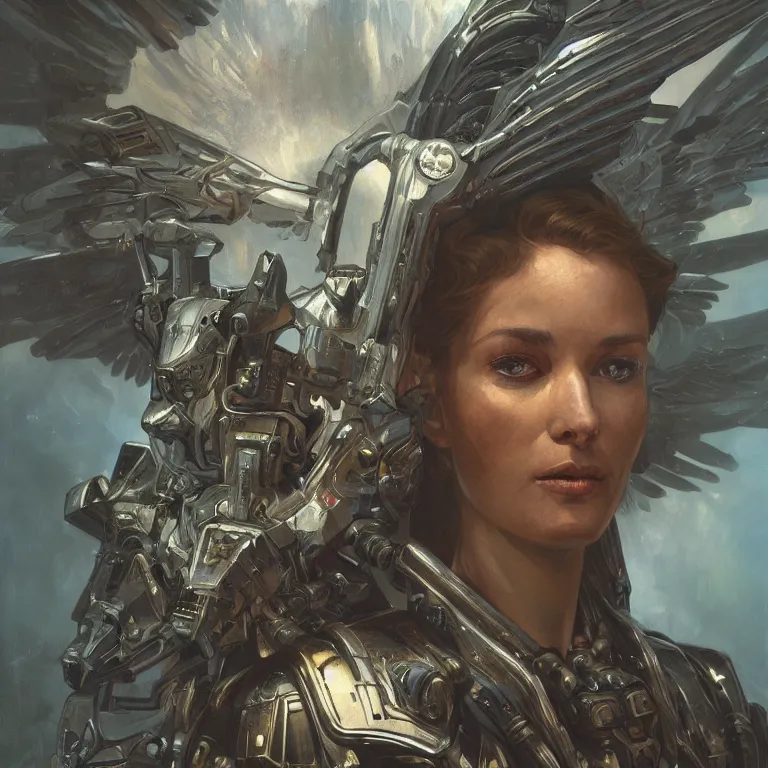 Image similar to scifi character portrait Painting of a futuristic archangel from, warhammer40k , dystopian mood, intricate, wild, highly detailed, digital painting, artstation, concept art, smooth, sharp focus, illustration, art by artgerm and greg rutkowski, and alphonse mucha