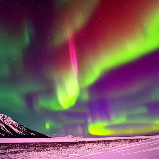 Prompt: a photograph of an alaskan landscape at night with aurora borealis and stars visible, beautiful, photography, award winning, timelapse