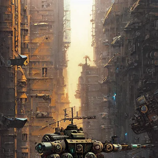 Prompt: battlemech trudges through dieselpunk cityscape, by michael whelan