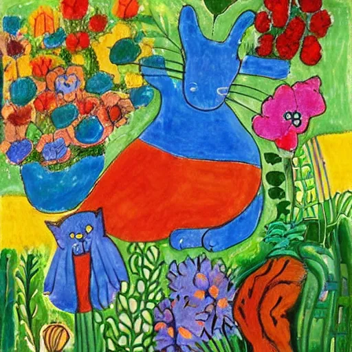 Image similar to cat playing in a garden of flowers, a mix media painting by laurel burch and Leonardo da Vinci and Natalia Goncharova, cluttered , child's drawing