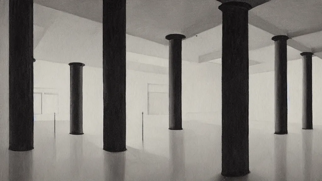 Image similar to minimalist industrial interior hallway with monolithic pillars in the style of ridley scott and stanley kubrick, realistic detailed painting by edward hopper