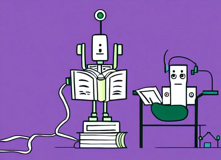 Prompt: professional illustration of the robot reading the book, violet color palette, sharp, 4K