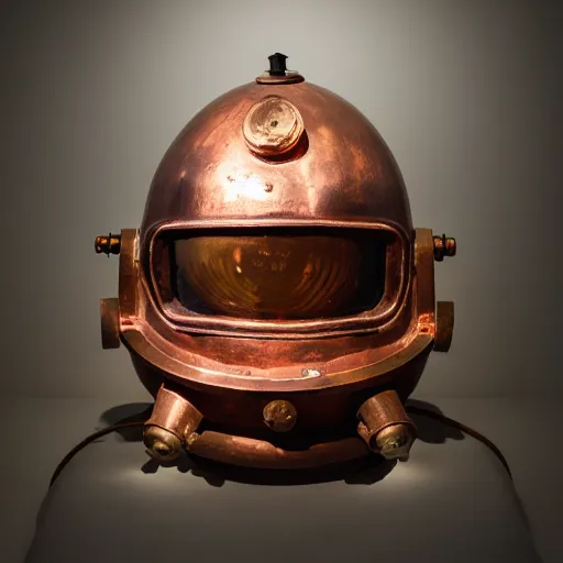 Prompt: a photo of an old copper deep diving helmet made of glass, caustics lighting, museaum artifact, amazing, f 2. 8