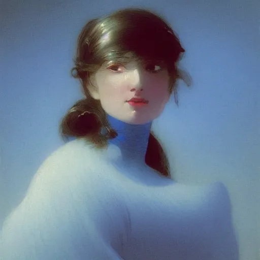 Image similar to a young woman's face, her hair is white and she wears a cobalt blue satin cloak, by ivan aivazovsky and syd mead and moebius and gaston bussiere and roger dean and pieter claesz and paul delaroche and alma tadema and aelbert cuyp and viktor vasnetsov, hyperrealistic, volumetric light, octane render