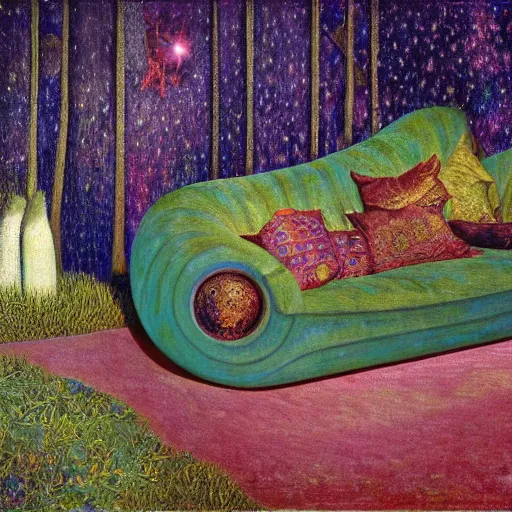 Image similar to psychedelic couch sofa in the lush pine forest, milky way, designed by arnold bocklin, jules bastien - lepage, tarsila do amaral, wayne barlowe and gustave baumann, cheval michael, trending on artstation, star, sharp focus, colorful refracted sparkles and lines, soft light, 8 k 4 k