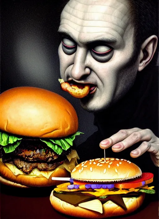 Prompt: hyper detailed 3d render like an Oil painting - Portrait of black metal singer eating a hamburger by Jacek Yerka, Mariusz Lewandowski, Houdini algorithmic generative render, Abstract brush strokes, Masterpiece, Edward Hopper and James Gilleard, Zdzislaw Beksinski, Mark Ryden, Wolfgang Lettl, hints of Yayoi Kasuma, octane render, 8k