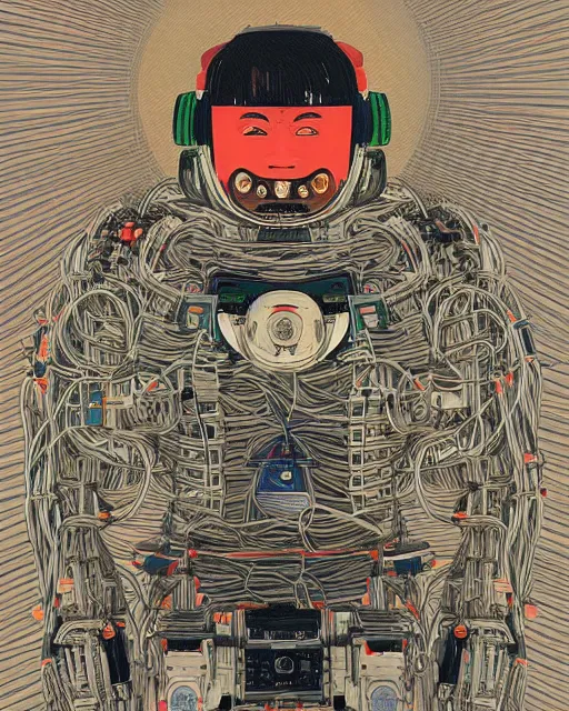 Prompt: Kuniyoshi portrait of a robot saint made of cables and robotic pod by james gilleard