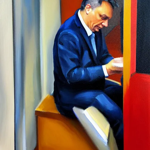 Image similar to viktor orban playing on his phone in a cubicle, oil painting