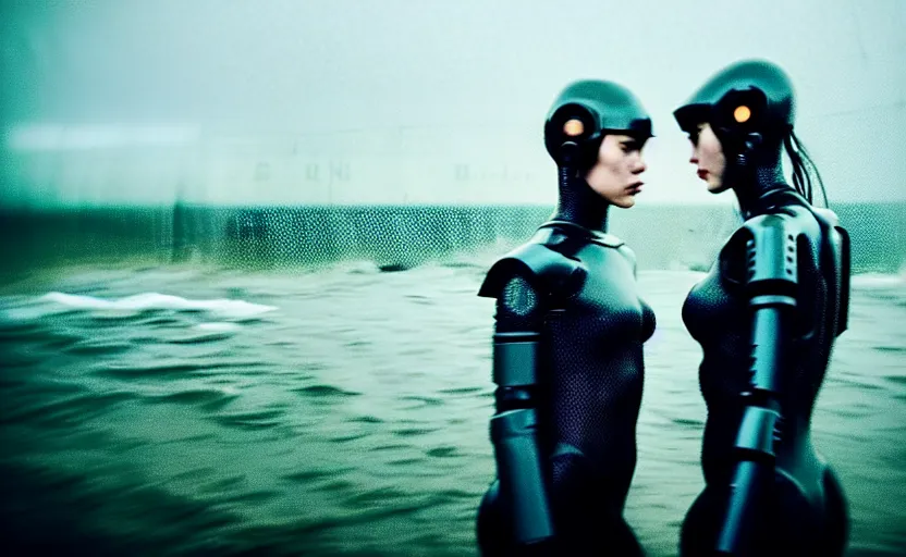 Image similar to cinestill 5 0 d candid action photographic portrait by christopher nolan of two loving female androids wearing rugged black mesh techwear in treacherous waters, extreme closeup, modern cyberpunk retrofuturism moody emotional cinematic, pouring iridescent rain, 8 k, hd, high resolution, 3 5 mm, f / 3 2, motion blur, ultra realistic faces, ex machina