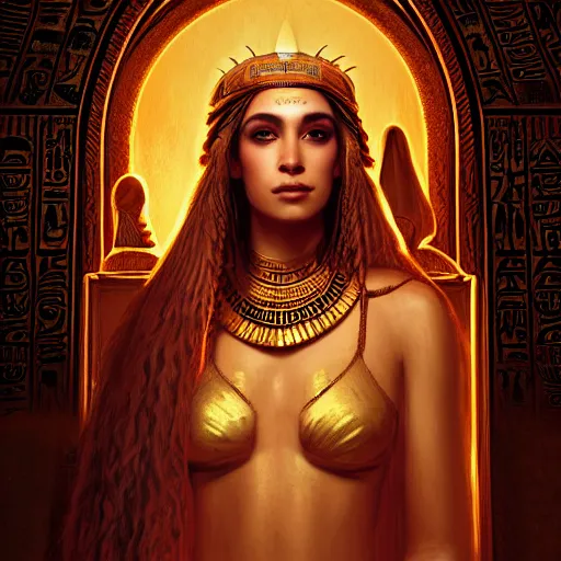 Image similar to majestic gracious regal seductive isis priestess portrait, ancient egyptian, atmospheric lighting, curvy, painted, intricate, volumetric lighting, beautiful, rich deep colours masterpiece, golden hour, sharp focus, ultra detailed, by leesha hannigan, ross tran, thierry doizon, kai carpenter, ignacio fernandez rios